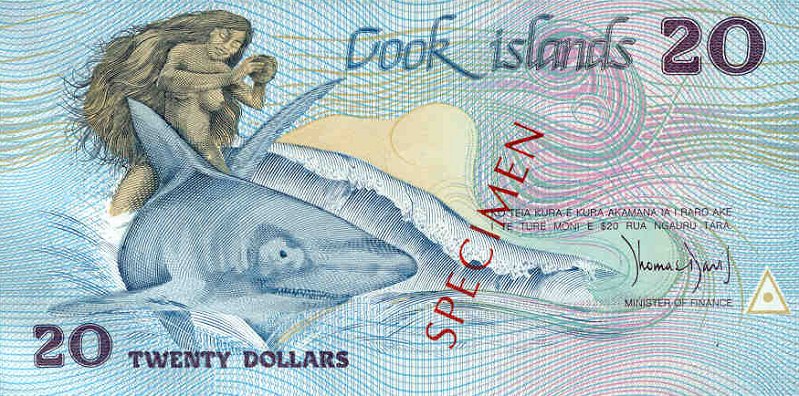 Front of Cook Islands p5s: 20 Dollars from 1987