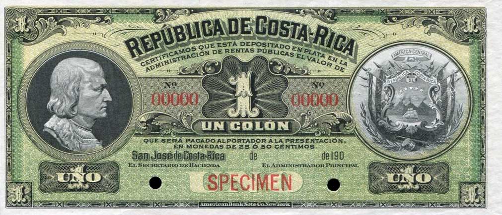 Front of Costa Rica p141s: 1 Colon from 1902