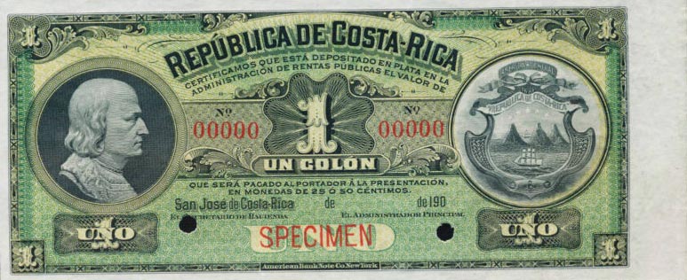 Front of Costa Rica p143s: 1 Colon from 1910