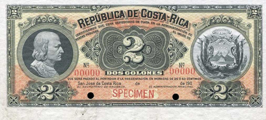 Front of Costa Rica p144s: 2 Colones from 1902
