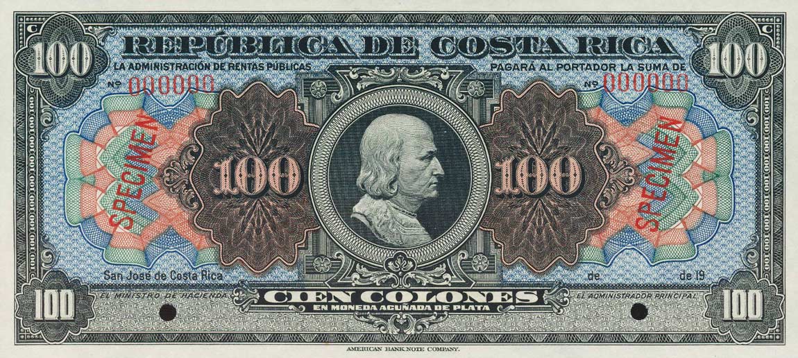 Front of Costa Rica p150As: 100 Colones from 1917