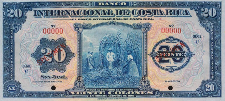Front of Costa Rica p176s: 20 Colones from 1919