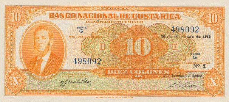 Front of Costa Rica p210b: 10 Colones from 1946