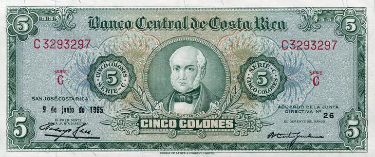 Front of Costa Rica p228a: 5 Colones from 1963