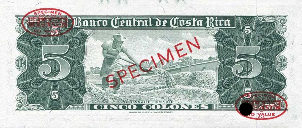 Back of Costa Rica p228s: 5 Colones from 1963