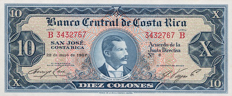 Front of Costa Rica p229a: 10 Colones from 1962