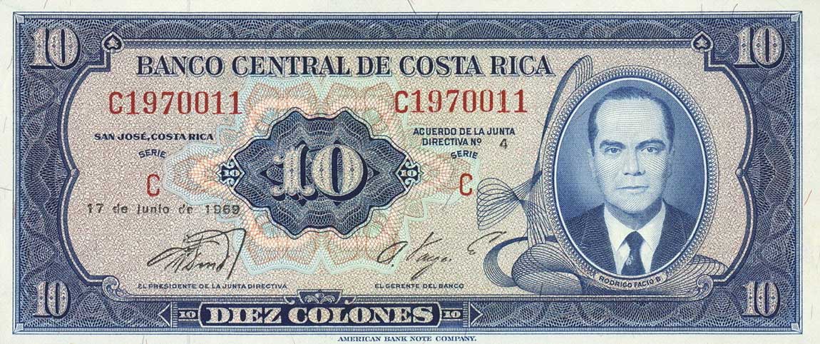 Front of Costa Rica p230a: 10 Colones from 1969