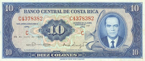 Front of Costa Rica p230b: 10 Colones from 1970