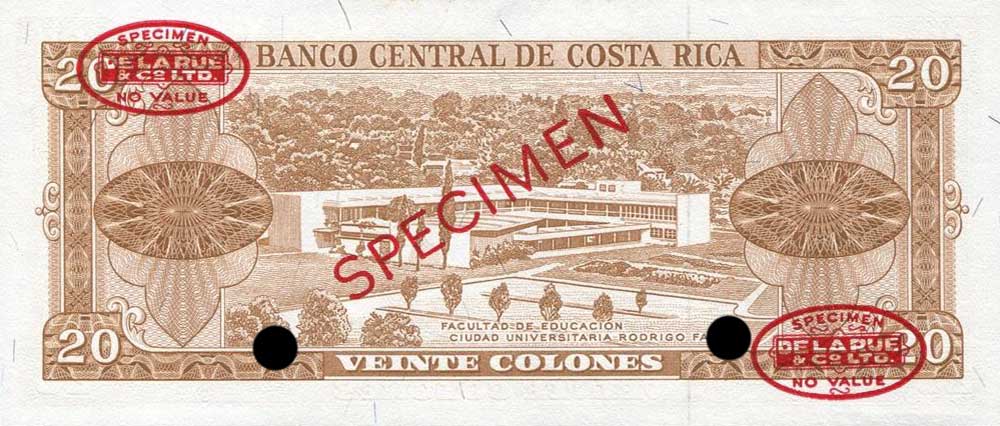 Back of Costa Rica p231s: 20 Colones from 1964