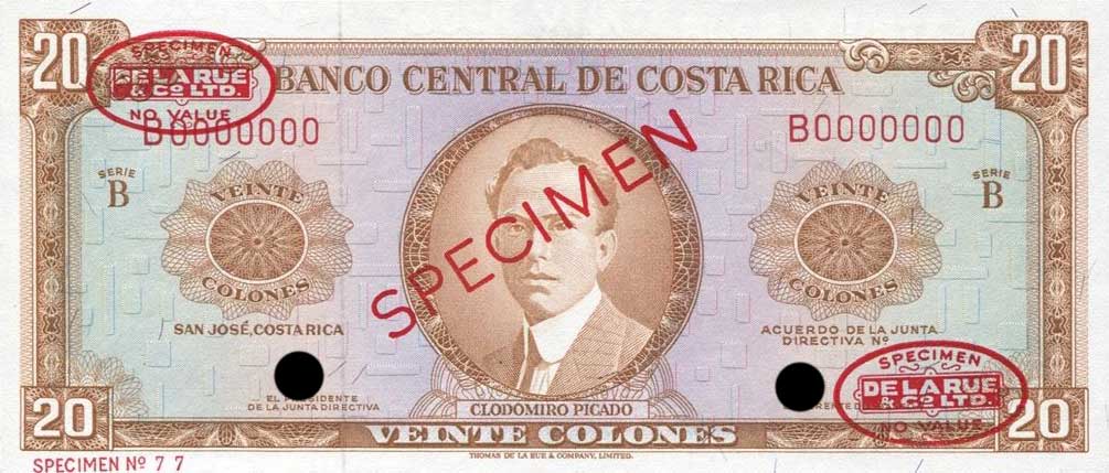Front of Costa Rica p231s: 20 Colones from 1964