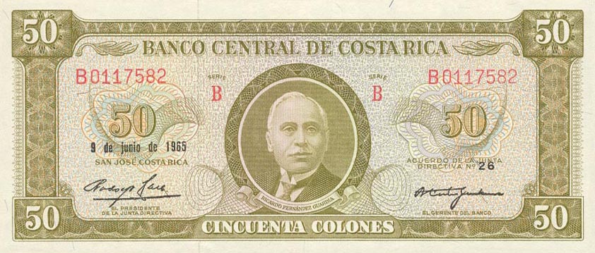 Front of Costa Rica p232a: 50 Colones from 1965