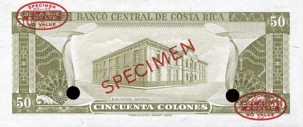 Back of Costa Rica p232s: 50 Colones from 1965