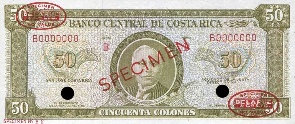 Front of Costa Rica p232s: 50 Colones from 1965