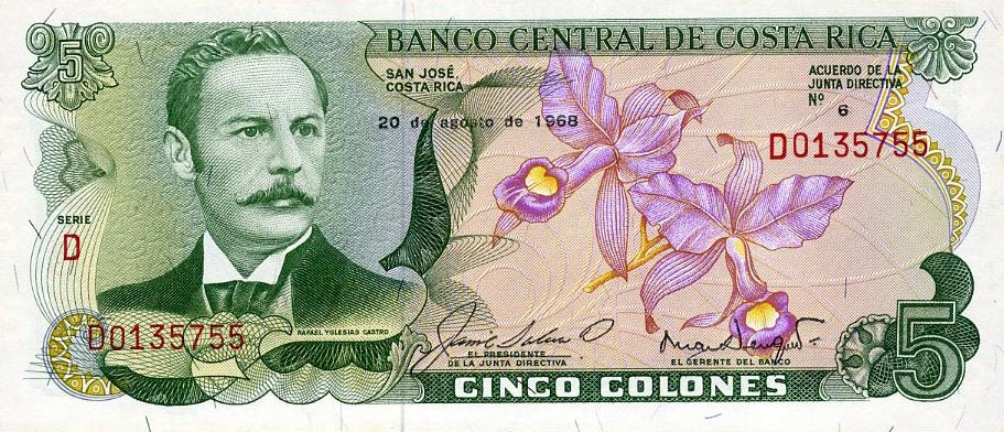 Front of Costa Rica p236a: 5 Colones from 1968