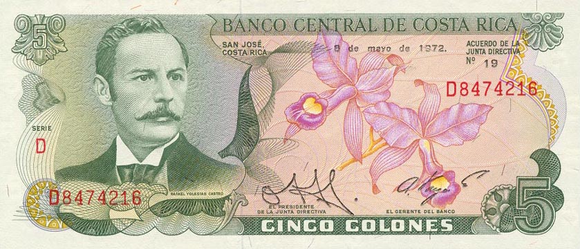 Front of Costa Rica p236b: 5 Colones from 1969