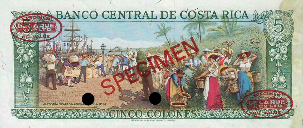 Back of Costa Rica p236s: 5 Colones from 1977