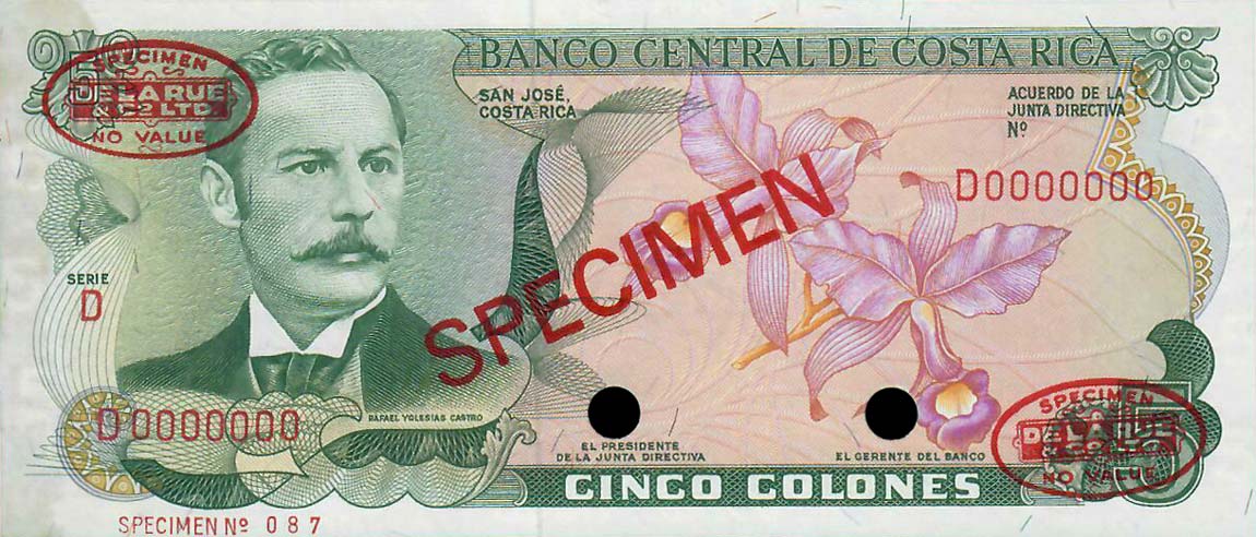 Front of Costa Rica p236s: 5 Colones from 1977