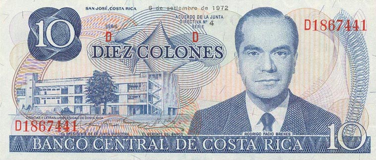 Front of Costa Rica p237a: 10 Colones from 1972