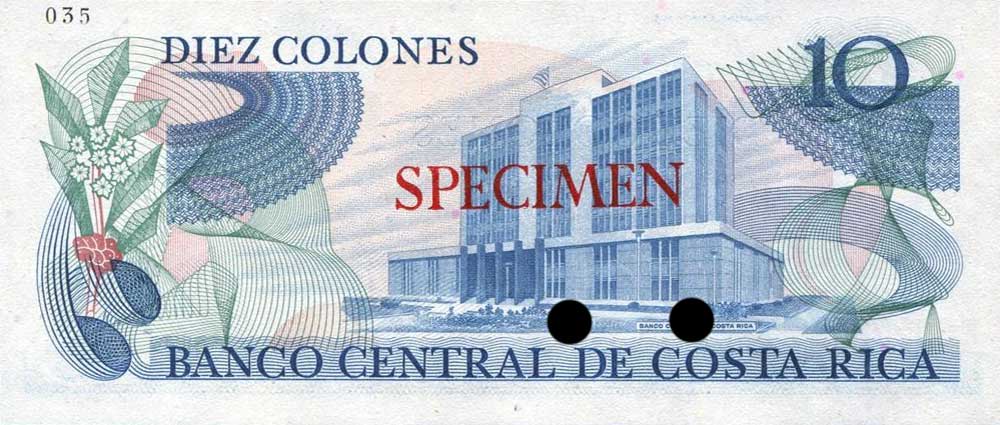 Back of Costa Rica p237s: 10 Colones from 1972