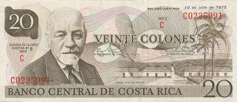 Front of Costa Rica p238a: 20 Colones from 1972