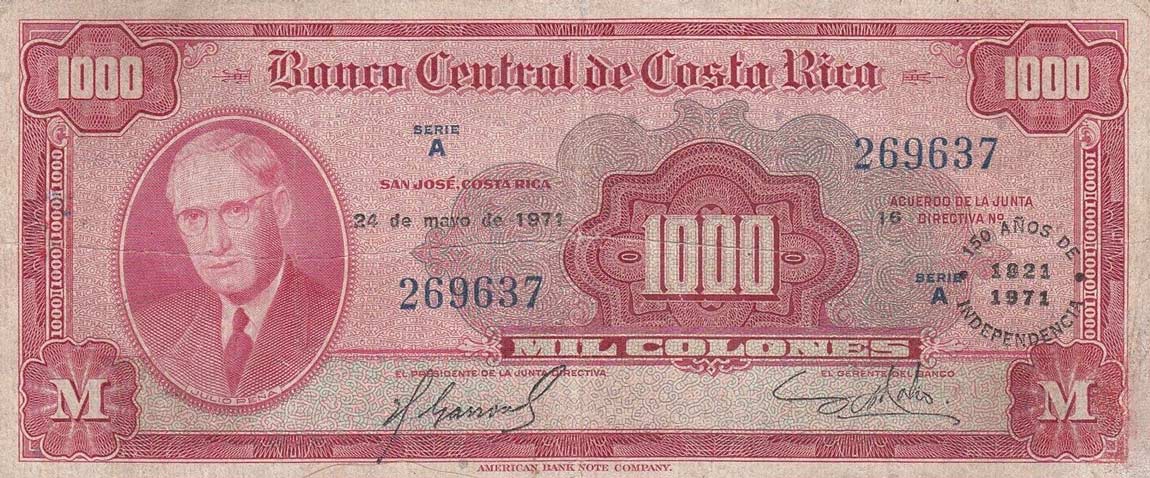 Front of Costa Rica p246: 1000 Colones from 1971