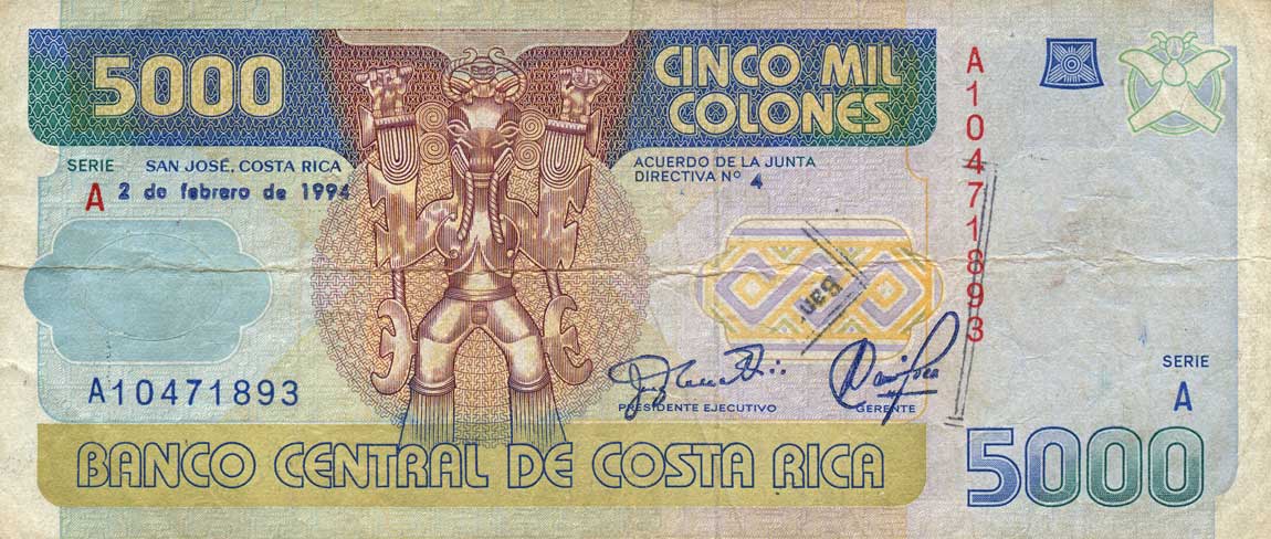 Front of Costa Rica p260A: 5000 Colones from 1994