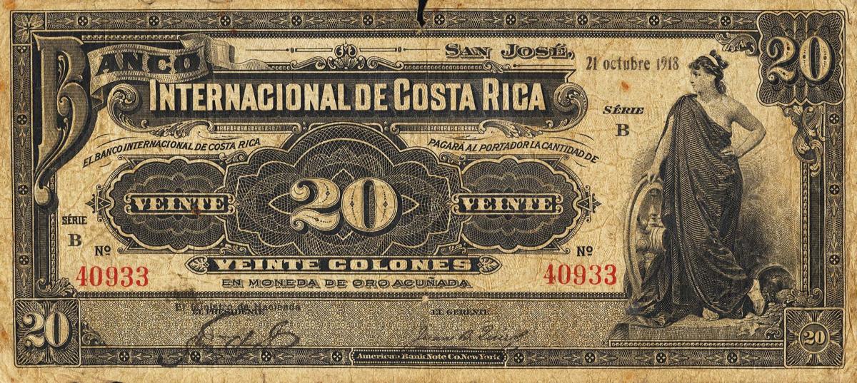 Front of Costa Rica p169B: 20 Colones from 1918