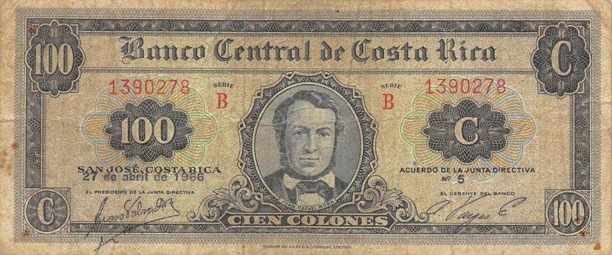 Front of Costa Rica p233b: 100 Colones from 1965