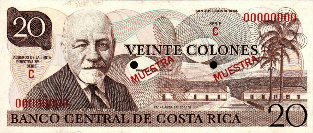 Front of Costa Rica p238s2: 20 Colones from 1972