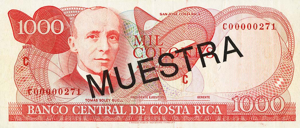 Front of Costa Rica p259s: 1000 Colones from 1990