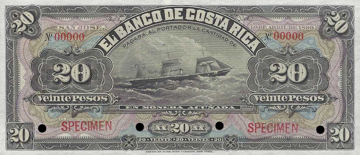 Front of Costa Rica pS165s: 20 Pesos from 1899