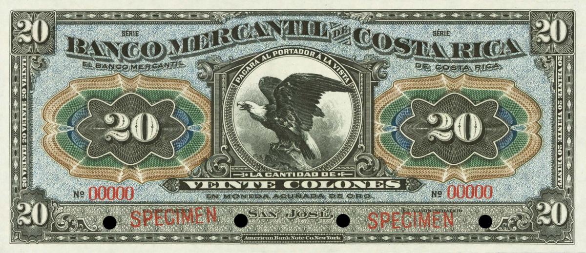 Front of Costa Rica pS203s: 20 Colones from 1910