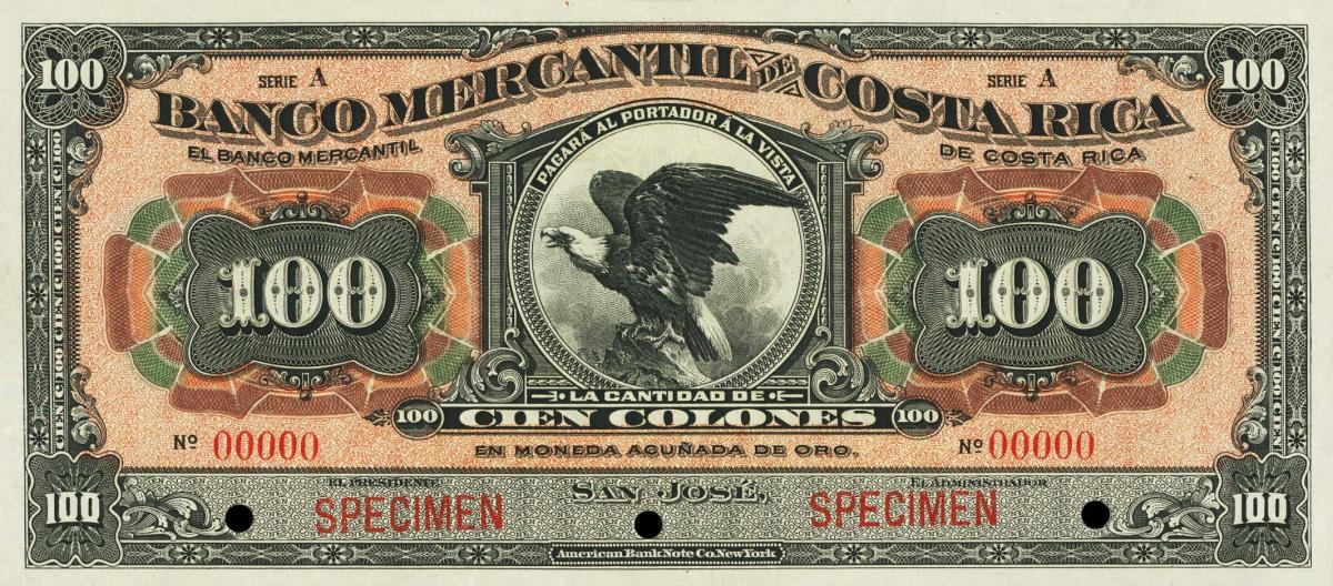 Front of Costa Rica pS205s: 100 Colones from 1910