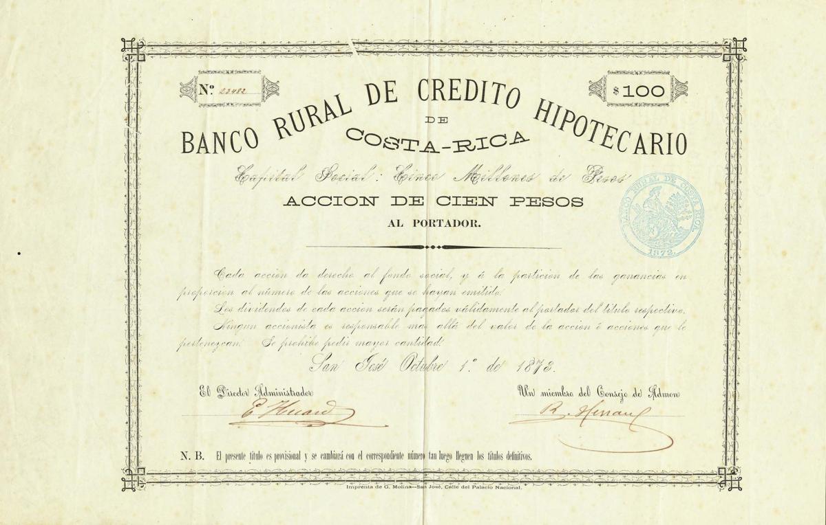 Front of Costa Rica pS218: 100 Pesos from 1873