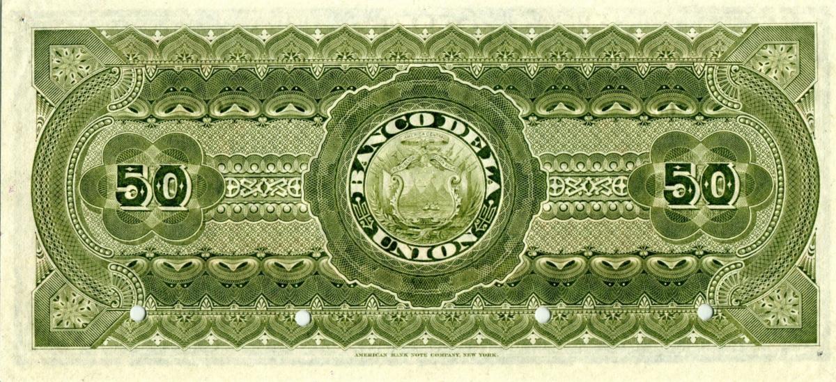 Back of Costa Rica pS226s: 50 Pesos from 1886