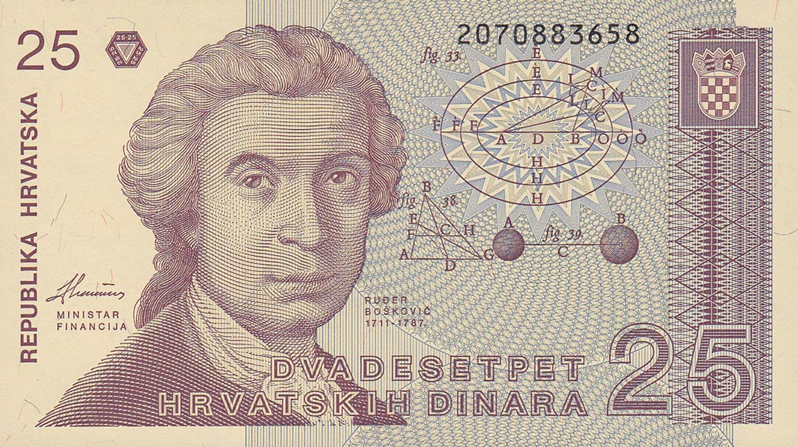 Front of Croatia p19b: 25 Dinara from 1991
