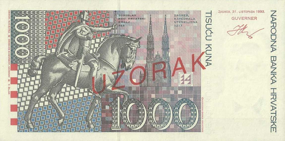 Back of Croatia p35s: 1000 Kuna from 1993