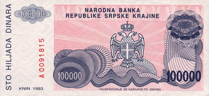 Back of Croatia pR22a: 100000 Dinars from 1993