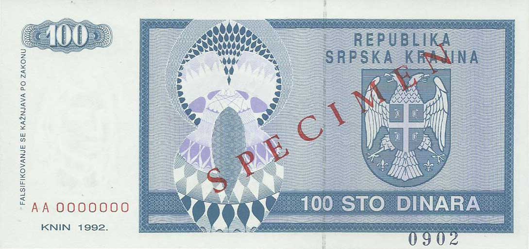 Back of Croatia pR3s: 100 Dinars from 1992