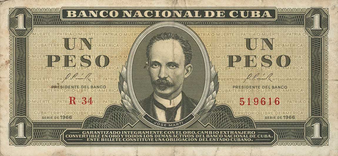 Front of Cuba p100a: 1 Peso from 1966