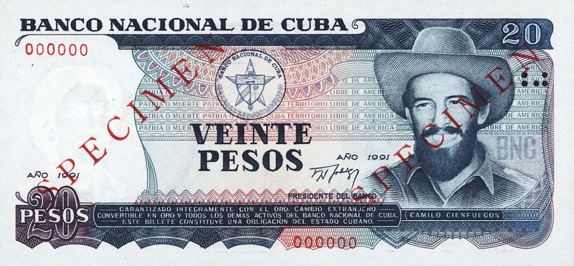 Front of Cuba p110s: 20 Pesos from 1991