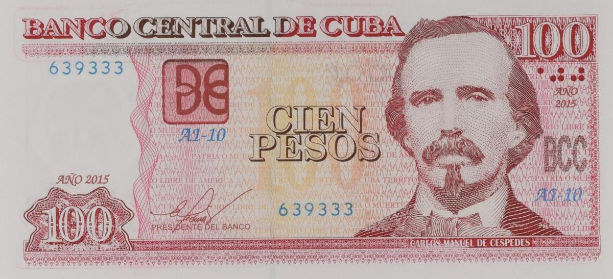 Front of Cuba p129g: 100 Pesos from 2015