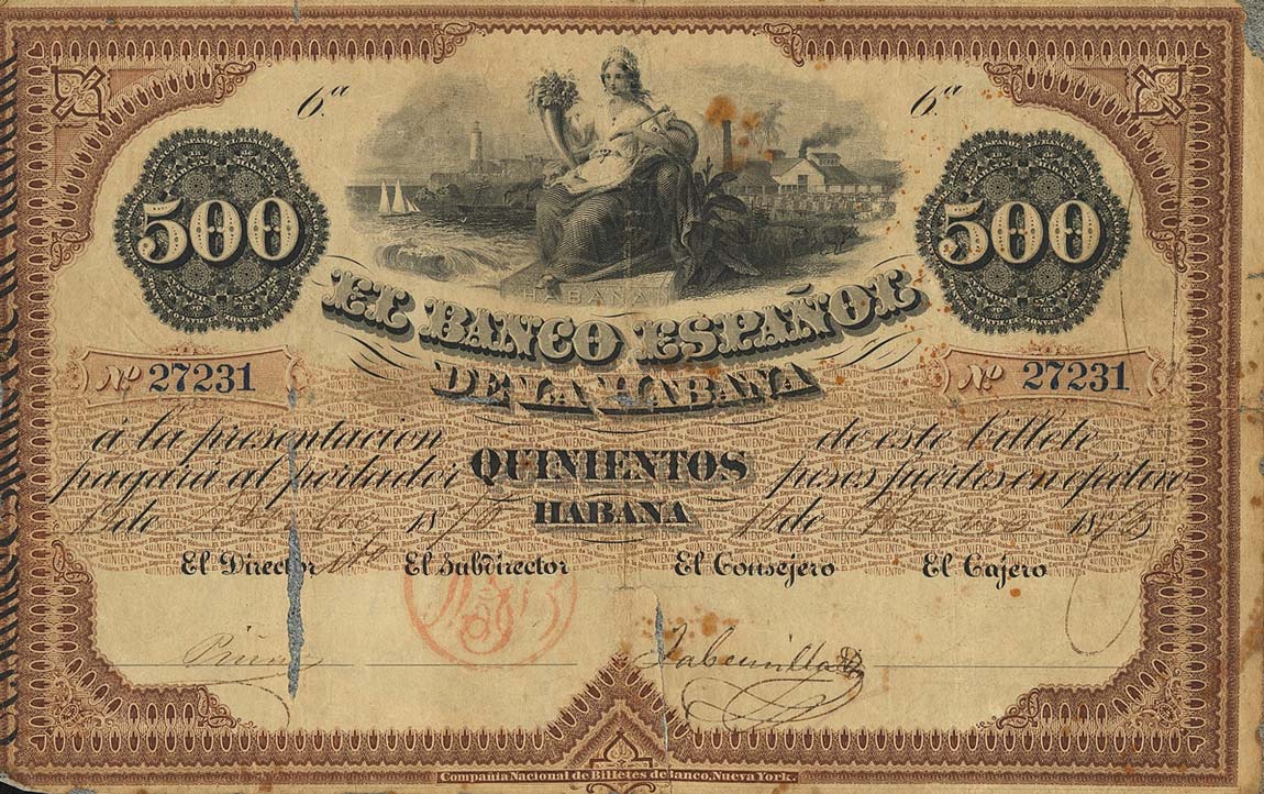 Front of Cuba p17: 500 Pesos from 1869