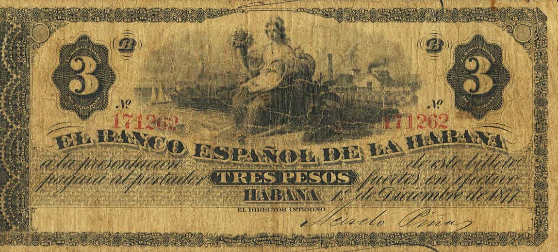 Front of Cuba p28c: 3 Pesos from 1877