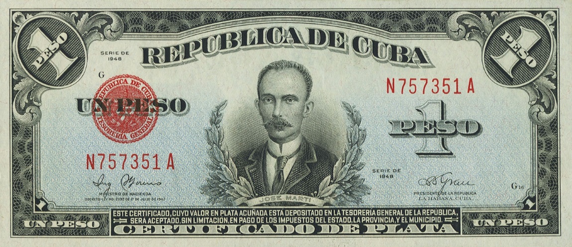 Front of Cuba p69g: 1 Peso from 1948