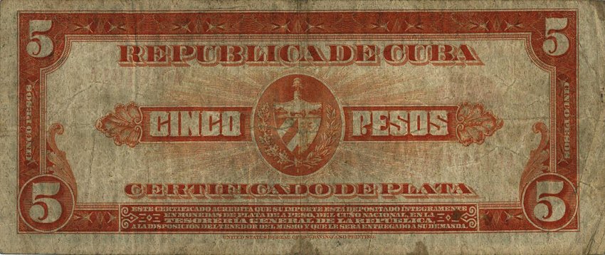 Back of Cuba p70d: 5 Pesos from 1938