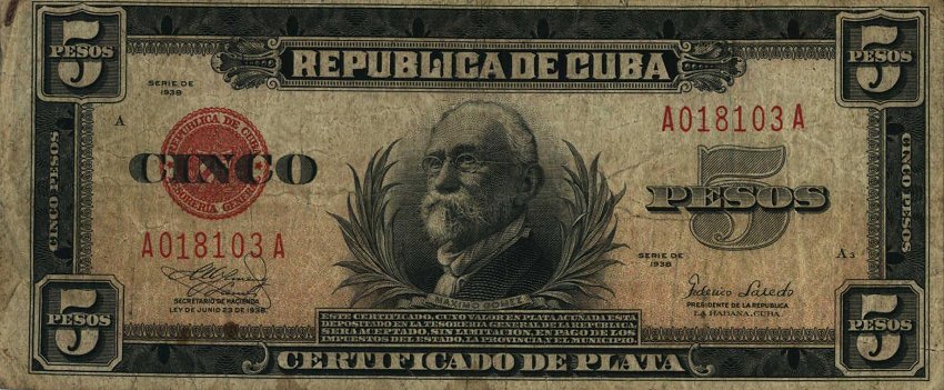 Front of Cuba p70d: 5 Pesos from 1938