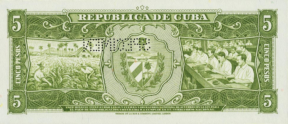 Back of Cuba p91s1: 5 Pesos from 1958