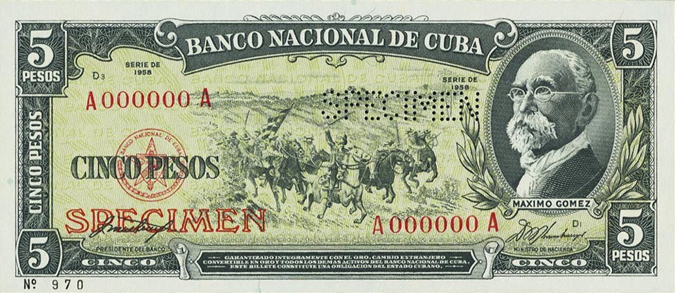 Front of Cuba p91s1: 5 Pesos from 1958