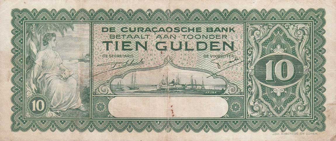 Front of Curacao p23: 10 Gulden from 1939